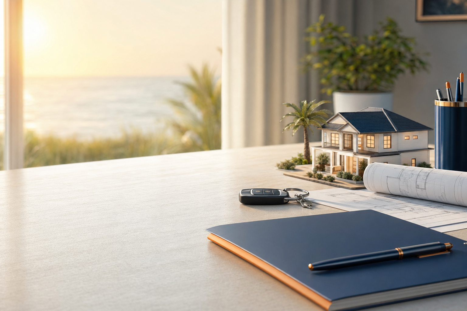 Insurance guidance desktop with home, auto, and business policy symbols
