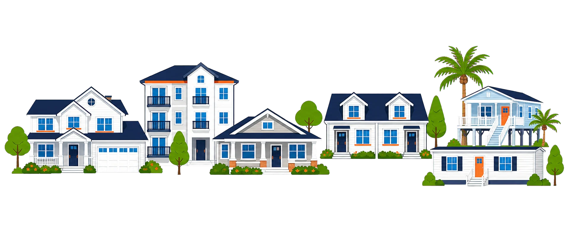 Illustrated homes showing different property types Harvest can quote in Arizona