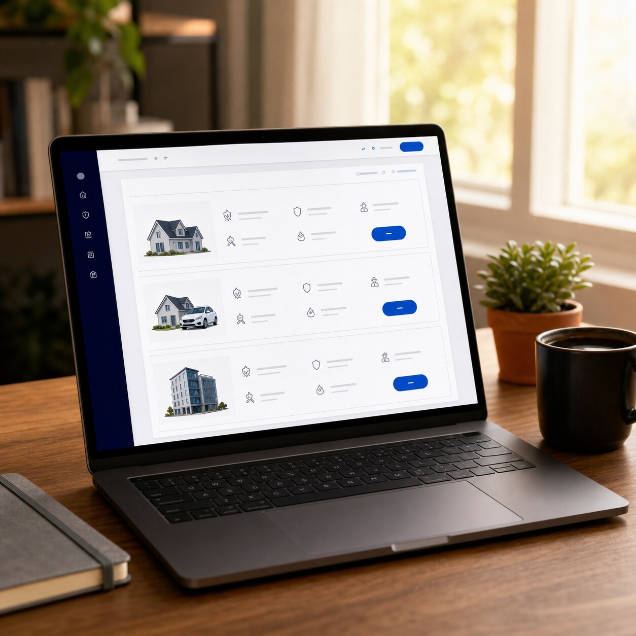 Laptop showing a Harvest-style insurance marketplace with home, auto, and commercial coverage rows
